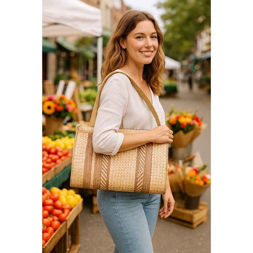 Handmade Woven Straw Tote Bag Purple Lining Boho Coastal Beach Market Large